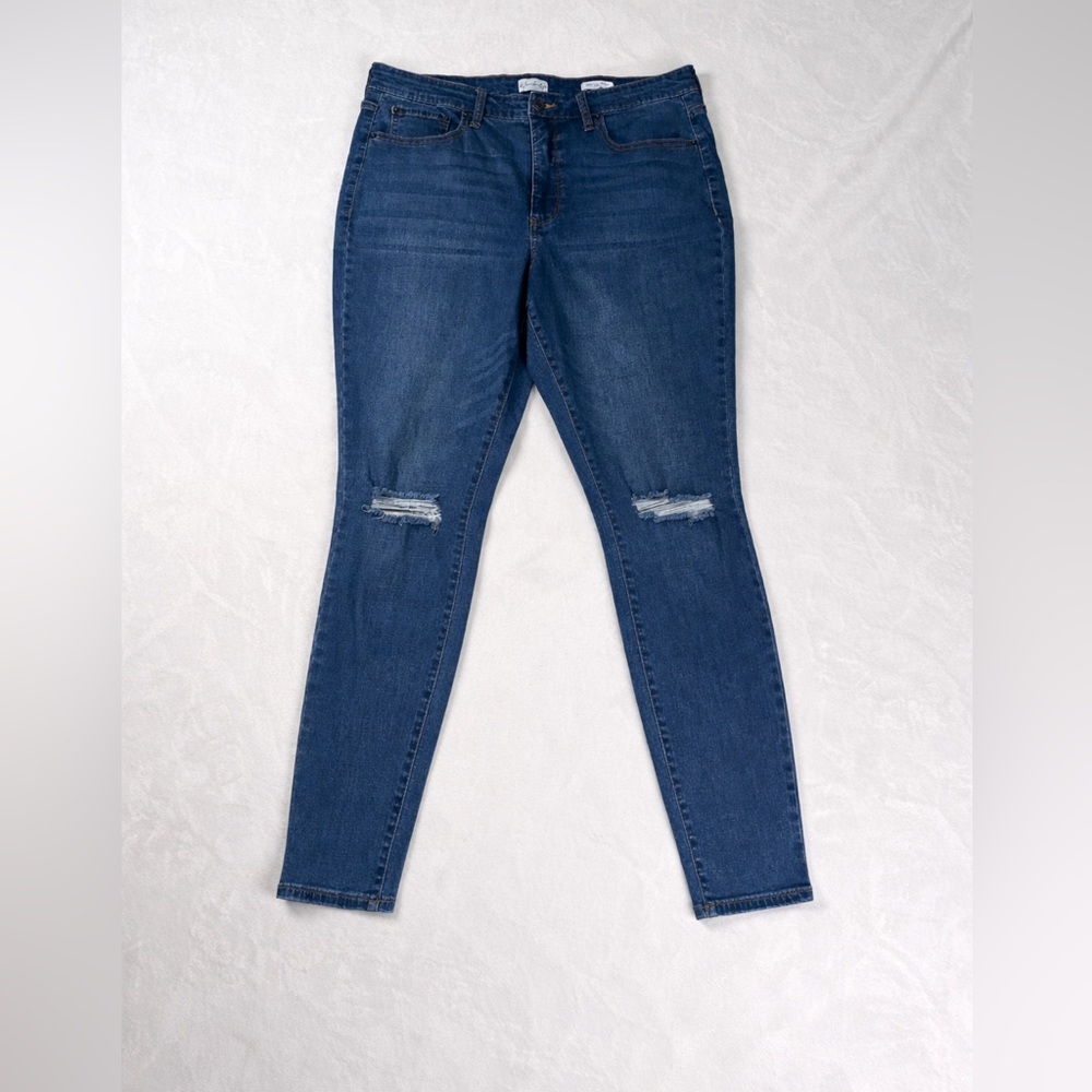 Flattering High-Rise Distressed Skinny Jeans | Classic Blue Denim | Size 14